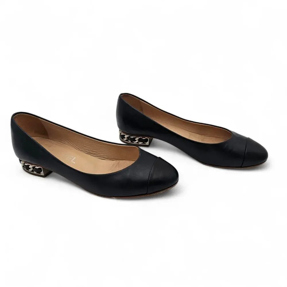 Chanel CC Cap Toe Ballet Flat Slipper Black Leather Chain Size 36.5 US 5.5 6 - Picture 2 of 12